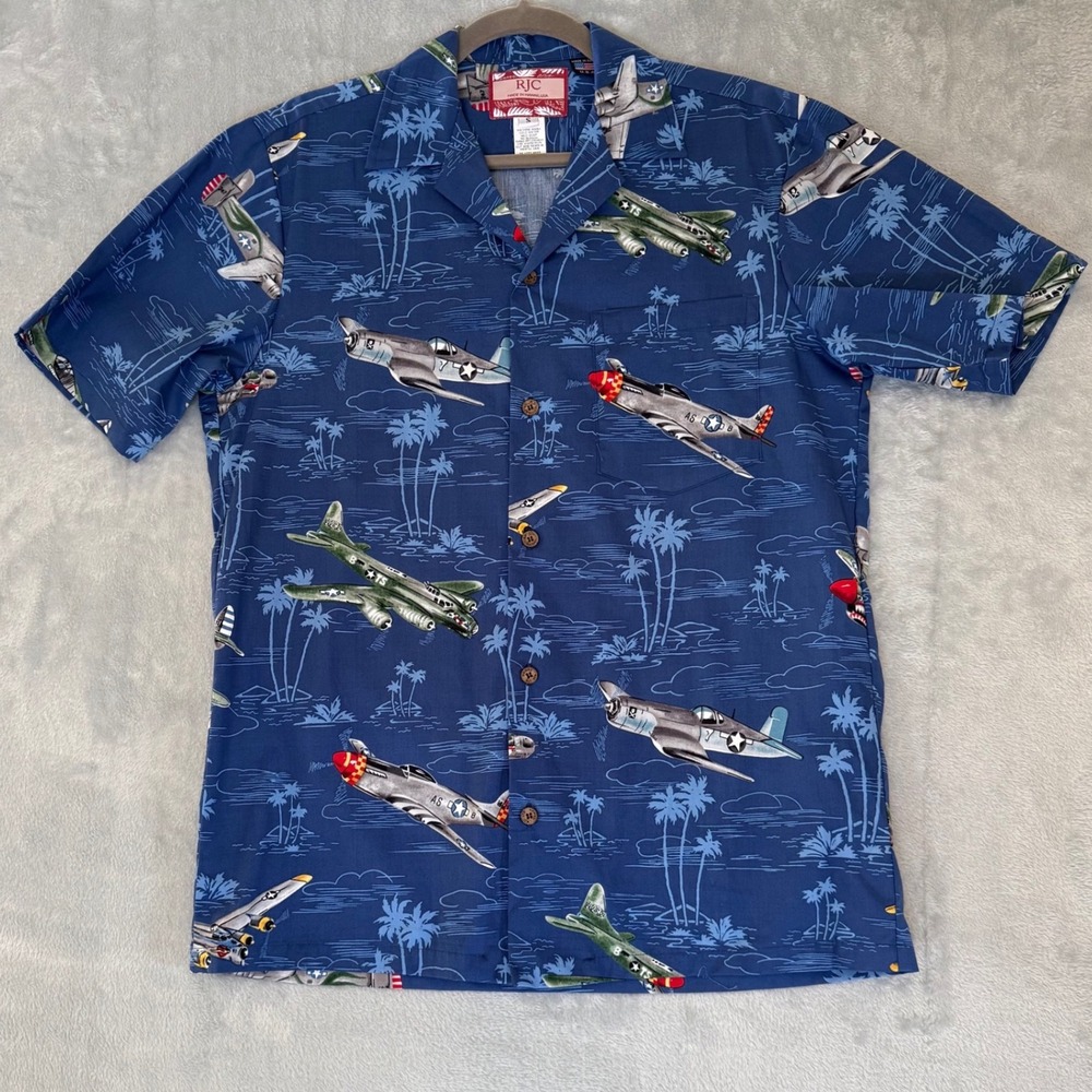 RJC Hawaiian Shirt WWII Airplane Print Made in Hawaii USA Mens‎ Small NWOT